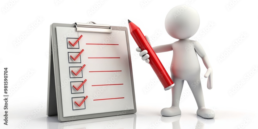 3D White Character Holding Red Pen Checking Off Checklist on Clipboard, checklist, to do list, task management 3D White Character Holding Red Pen Checking Off Checklist on Clipboard, checklist, to do list, task management