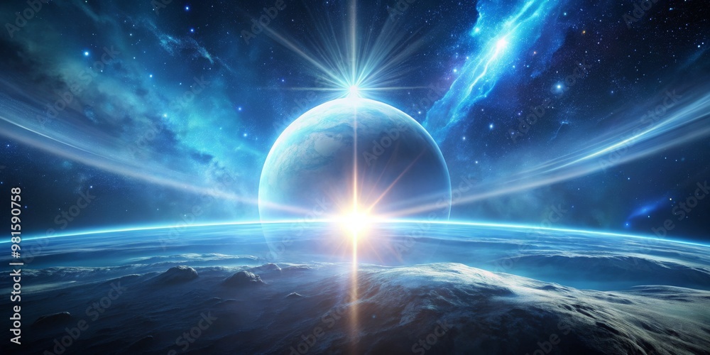 Obraz premium A Distant Planet's Sunrise, Digital Painting, A planet with a bright sunrise, alien landscape, sci-fi, space exploration, digital art