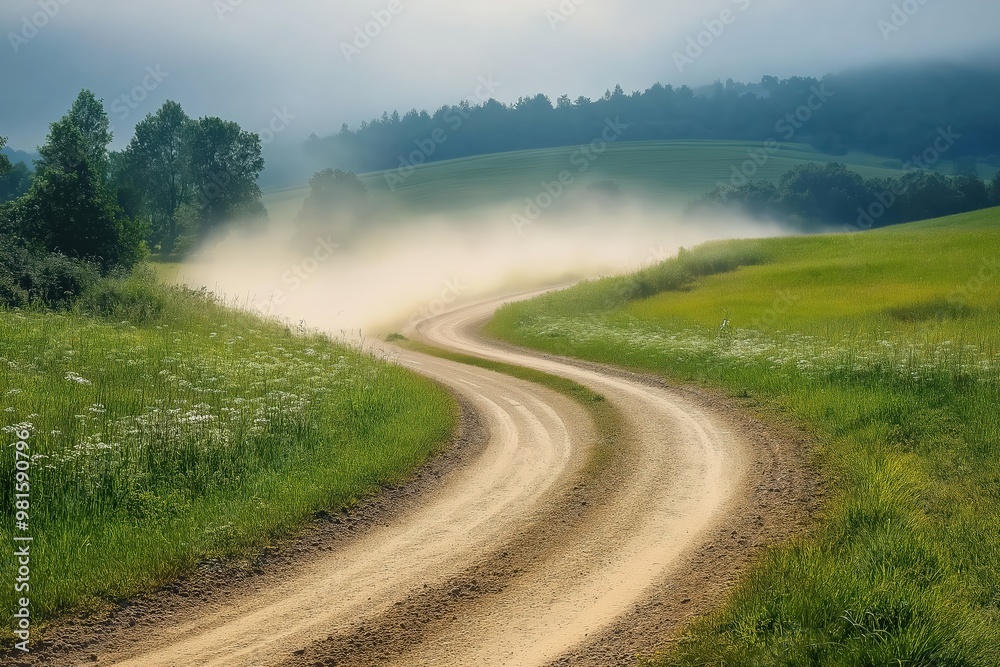 Winding dirt road through lush green fields and misty hills under soft morning light Winding dirt road through lush green fields and misty hills under soft morning light