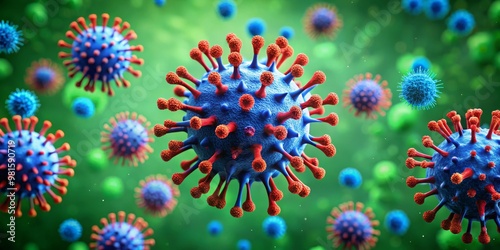 3D Rendering of a Virus with Red Spikes, Green Background, 3D Model, Virus, Infection, Pandemic