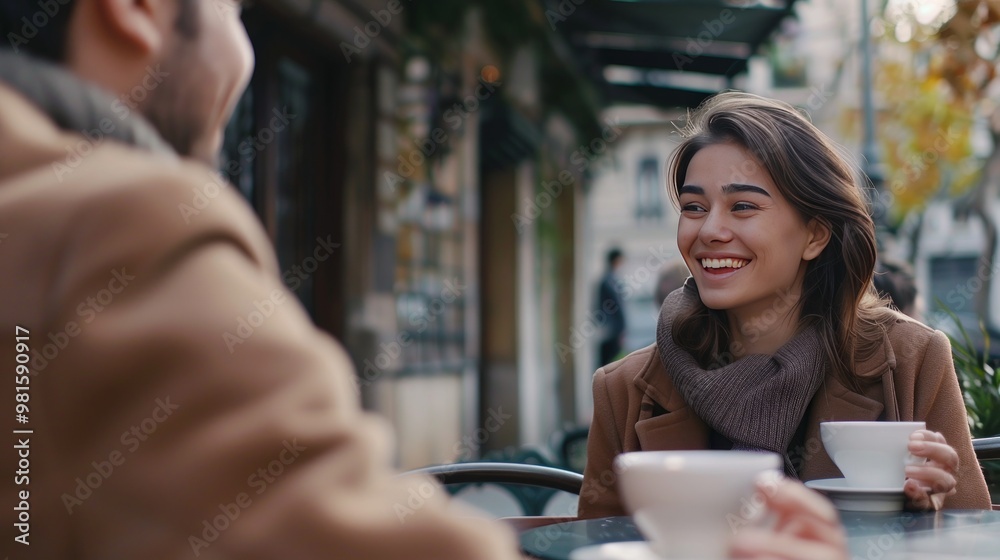 Happy young woman on a date with a handsome man at an outdoor cafe Happy young woman on a date with a handsome man at an outdoor cafe