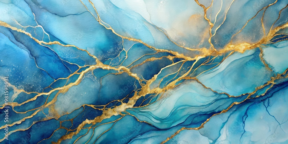 Naklejka premium Abstract Blue and Gold Ink Swirls, Alcohol Ink, Blue and Gold Marble Effect, Abstract Art, Ink Art, Alcohol Ink Art