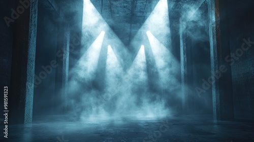 An eerie, empty stage cloaked in dense smoke, with spotlights creating cutting beams of light that pierce through the fog and illuminate the darkness, evoking a sense of drama and anticipation. 3d photo