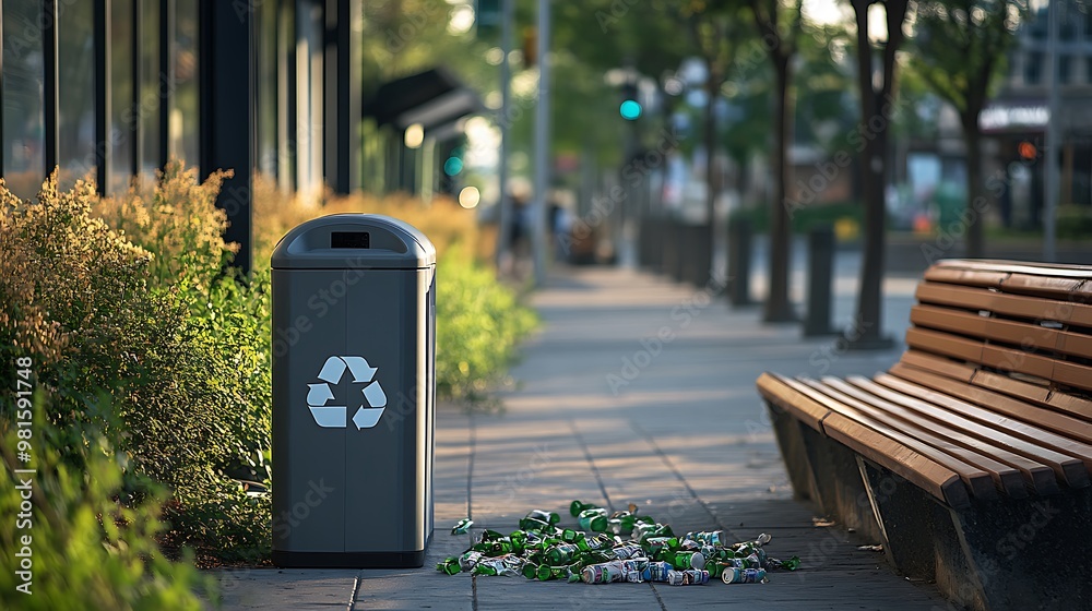 Public Transit Stop: A recycling bin with the universal symbol at a public transit stop. The bin is placed on the sidewalk, with a clean, well-maintained environment around it. Public Transit Stop: A recycling bin with the universal symbol at a public transit stop. The bin is placed on the sidewalk, with a clean, well-maintained environment around it.
