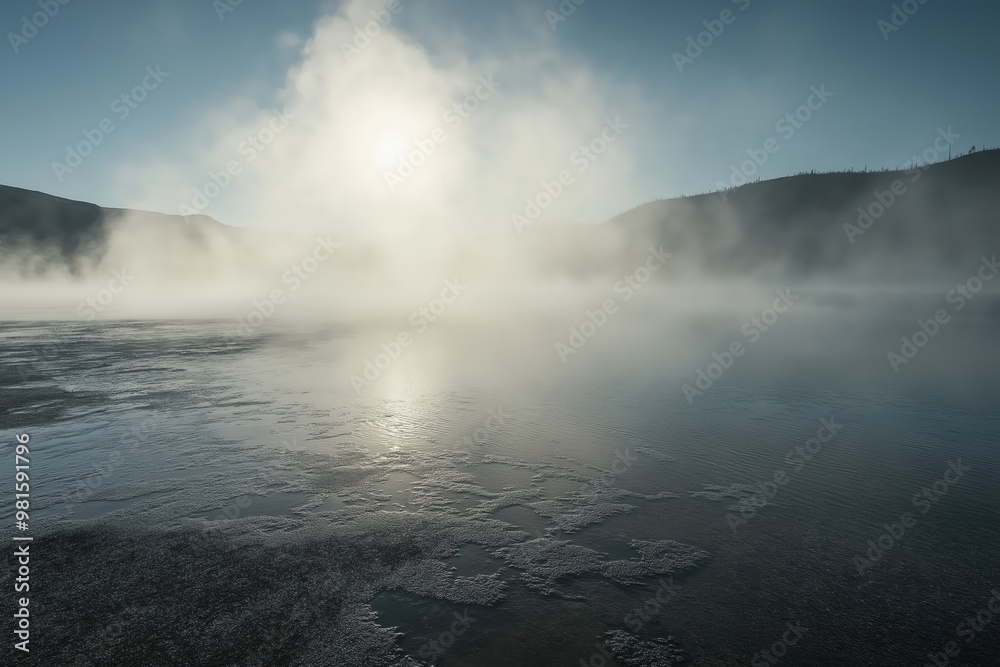 Misty early morning view of a geothermal lake with fog rising in Yellowstone National Park during sunrise Misty early morning view of a geothermal lake with fog rising in Yellowstone National Park during sunrise