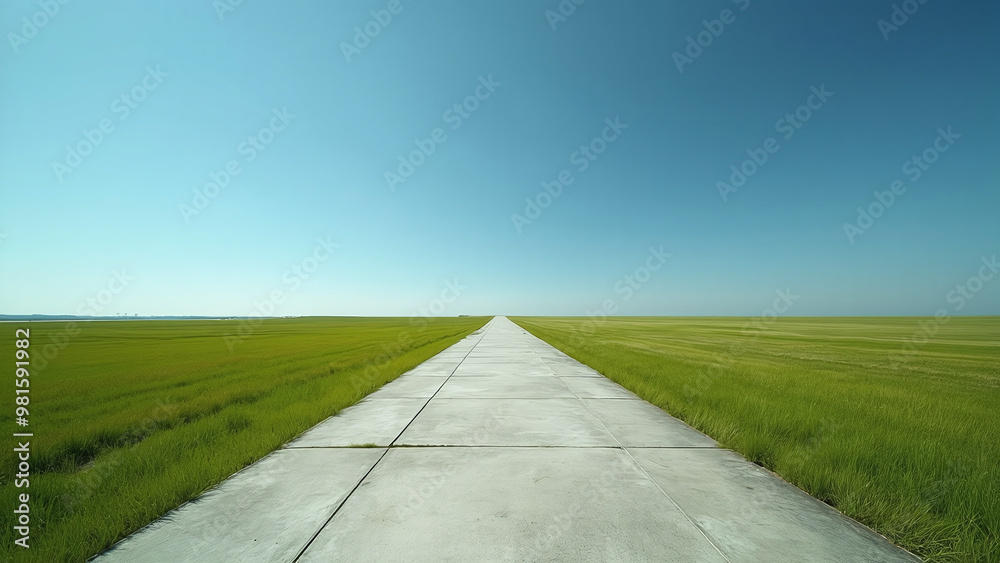 Concrete Path Through Green Field Under Blue Sky