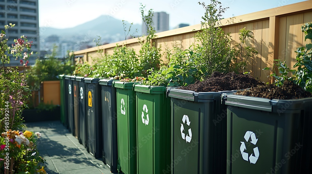 Rooftop urban garden: rooftop garden with several compost and recycling containers, all ...