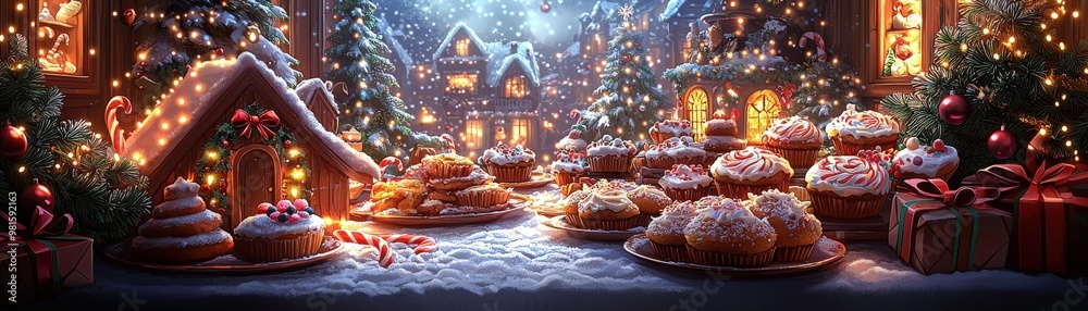 A charming Christmas bakery spread with trays of decorated sugar cookies, spiced muffins, and gingerbread houses, surrounded by festive greenery, candy canes, and twinkling lights, evoking the joy of A charming Christmas bakery spread with trays of decorated sugar cookies, spiced muffins, and gingerbread houses, surrounded by festive greenery, candy canes, and twinkling lights, evoking the joy of