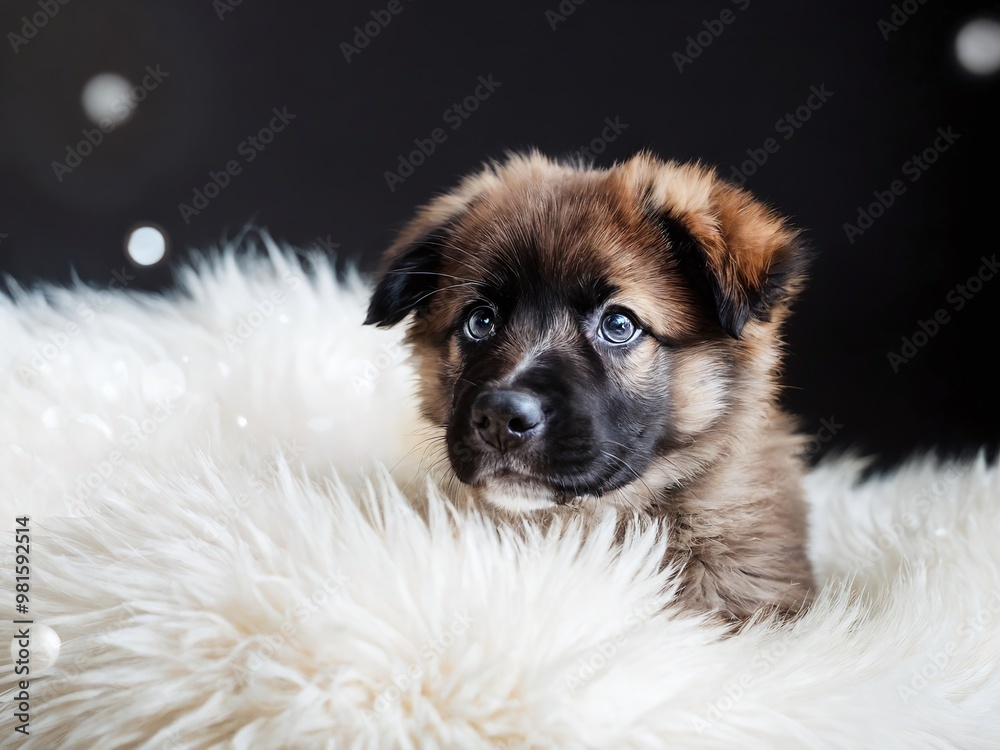 Adorable puppy resting on a fluffy white rug, showcasing its playful nature and bright eyes in a cozy indoor setting Adorable puppy resting on a fluffy white rug, showcasing its playful nature and bright eyes in a cozy indoor setting
