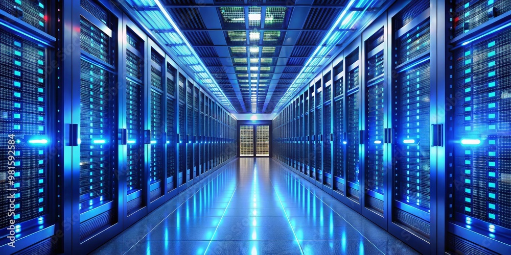 Fototapeta premium Blue Illuminated Server Room, Data Center, Technology, Infrastructure