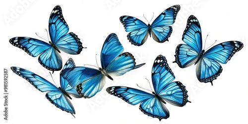 Blue Morpho Butterflies in Flight, Five butterflies, Blue Morpho, nature, insect, wings, white background