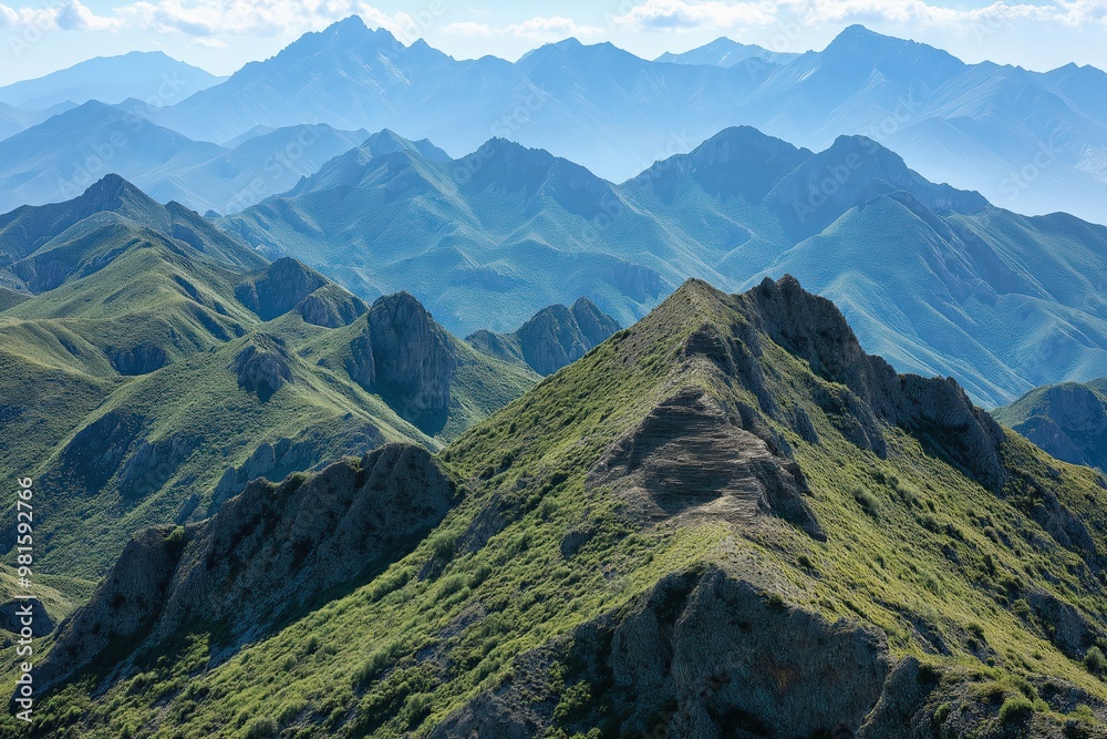 Obraz premium Breathtaking panoramic view of rugged mountain ranges under a clear sky in the early afternoon light
