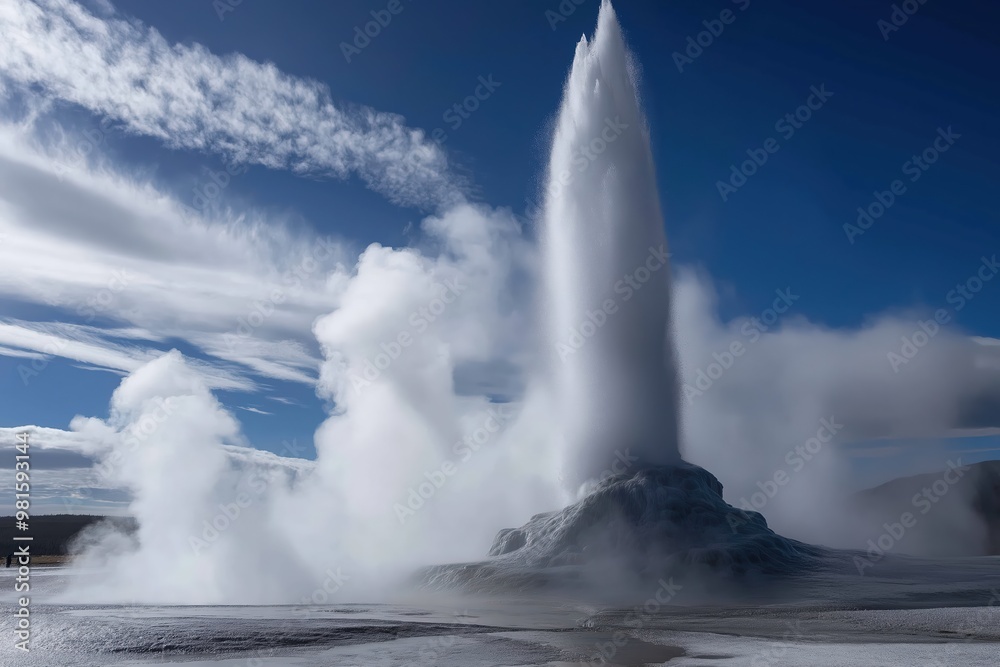 Geyser erupts majestically in Yellowstone National Park on a clear day with blue skies and wispy clouds Geyser erupts majestically in Yellowstone National Park on a clear day with blue skies and wispy clouds