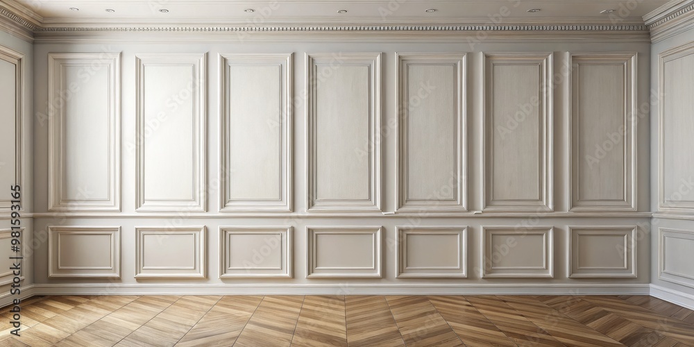 Classic White Wall with Chevron Wood Floor, Interior Design, Wall Paneling, Wooden Floor Classic White Wall with Chevron Wood Floor, Interior Design, Wall Paneling, Wooden Floor