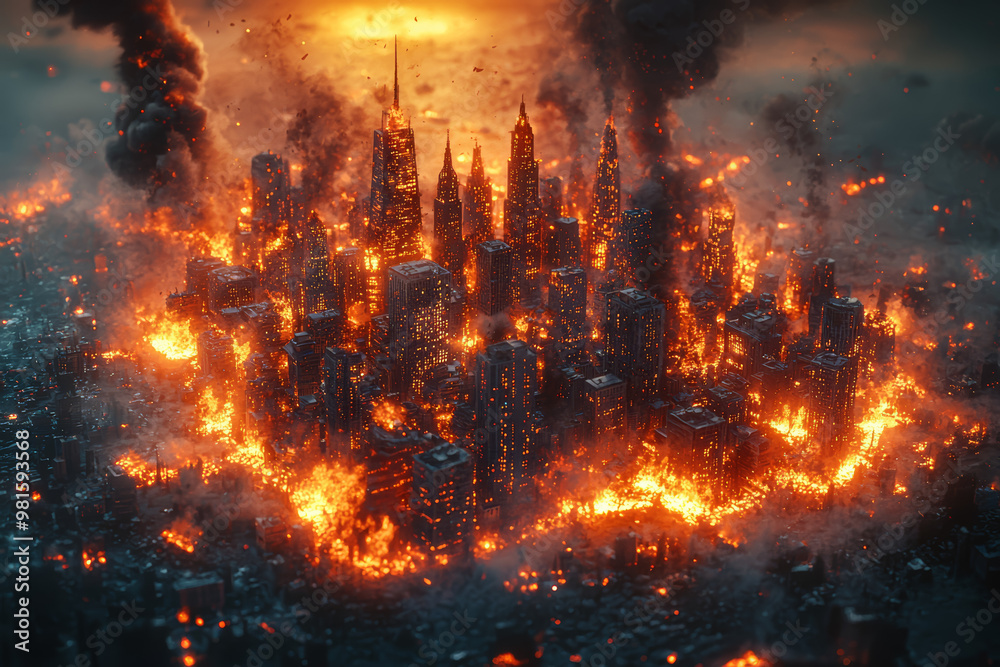 Fototapeta premium A city made of paper, burning at the edges, representing the fragility of modern civilization. Concept of environmental disaster and societal collapse.