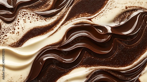 Chocolate and milk blend together, creating swirls and waves. The background shows cocoa and milky patterns. photo