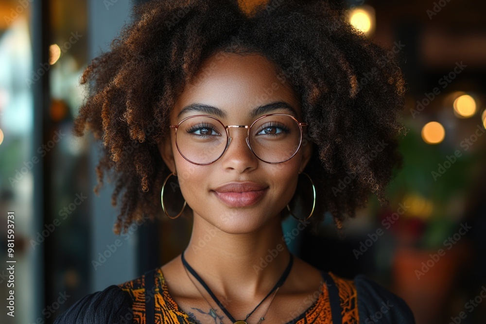 Happy Woman in Glasses Engaged with Digital Display, Smiling at Technology in Modern Workspace Happy Woman in Glasses Engaged with Digital Display, Smiling at Technology in Modern Workspace