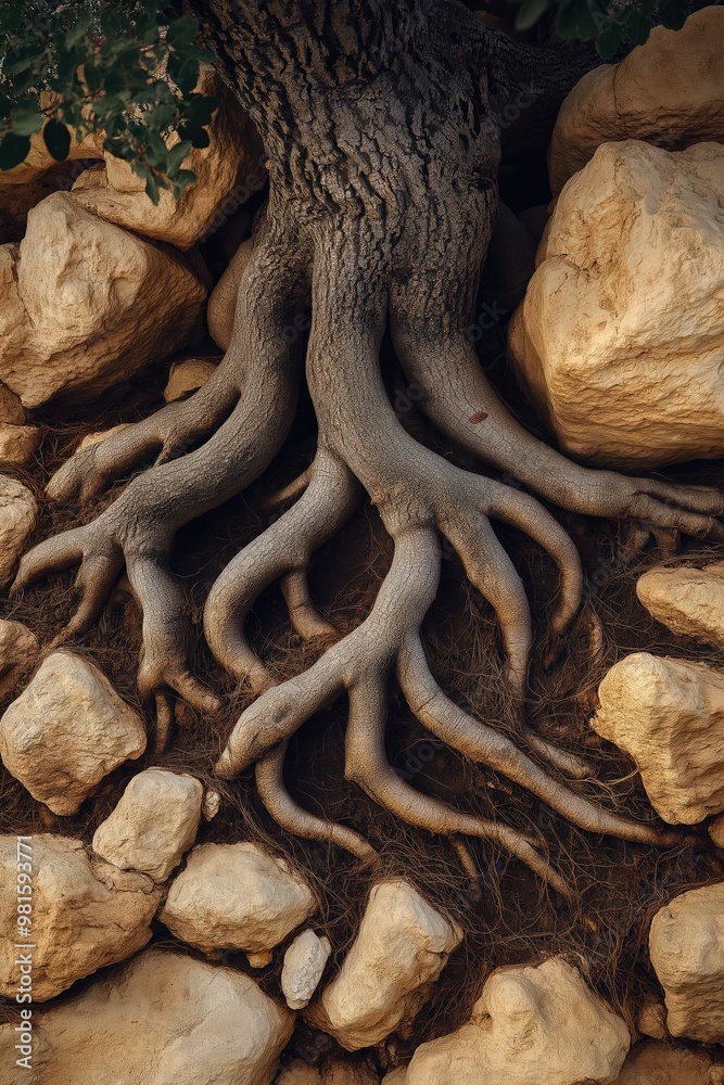 Intricate tree roots emerging from rocky ground in a natural setting during daytime sunlight Intricate tree roots emerging from rocky ground in a natural setting during daytime sunlight