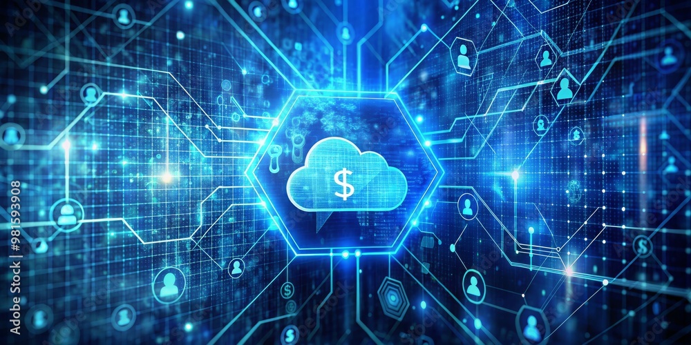 Naklejka premium Digital Cloud Network with Dollar Sign in Center, Blue, Technology, Network, Cloud Computing