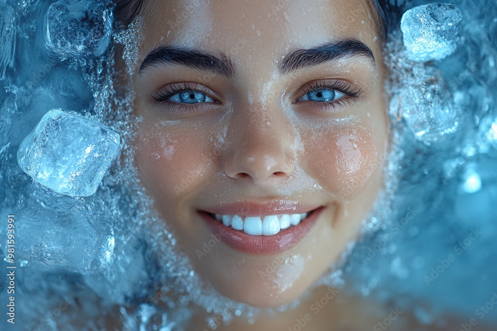 Smiling Woman Enjoying a Refreshing Splash of Ice Water with Ice Cubes for a Relaxing Facial Smiling Woman Enjoying a Refreshing Splash of Ice Water with Ice Cubes for a Relaxing Facial