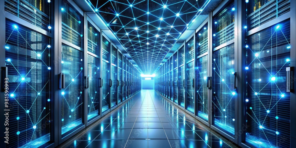 Obraz premium Digital Network Hub Server Room with Glowing Lines, 3D Render, Network Architecture, Data Center, Server, Technology, Network