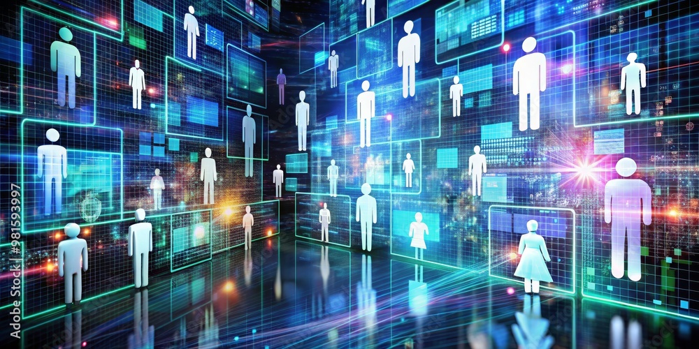 Fototapeta premium Digital Network of People, Blue and Green Grid, Technology, Data, Future