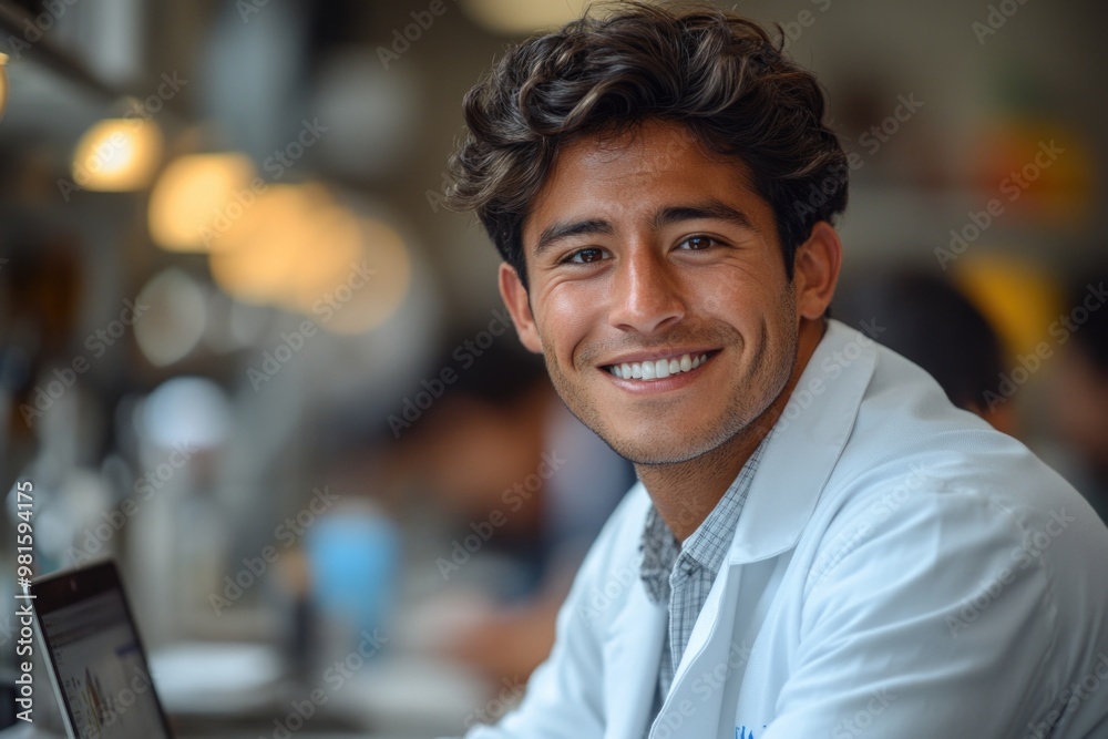 Smiling Young Hispanic Man in Lab Coat Working on Laptop, Happy and Professional in Lab Setting Smiling Young Hispanic Man in Lab Coat Working on Laptop, Happy and Professional in Lab Setting