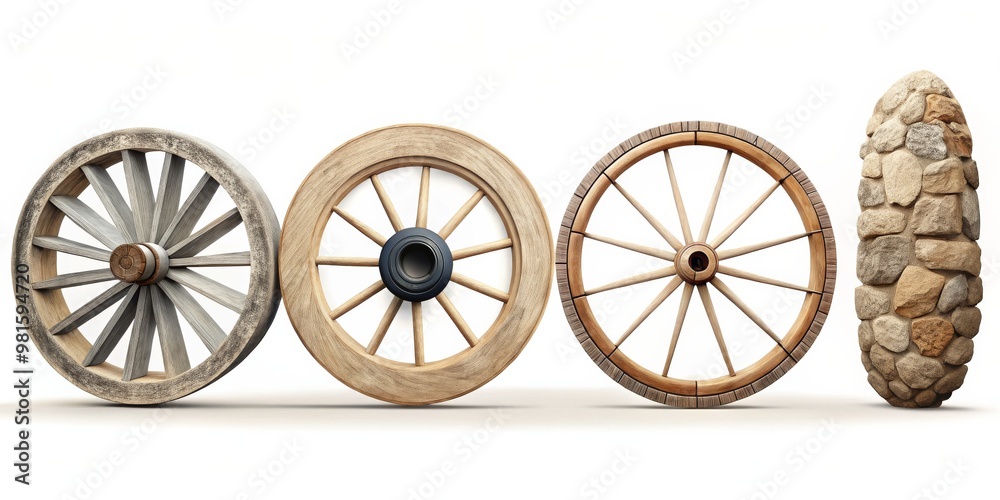 Fototapeta premium Four Wooden Wagon Wheels and a Stone Pillar, 3D Render, Wagon Wheel, Wooden Wheel, Rural