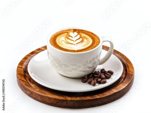 A beautifully crafted latte with intricate foam art on a wooden serving tray with coffee beans