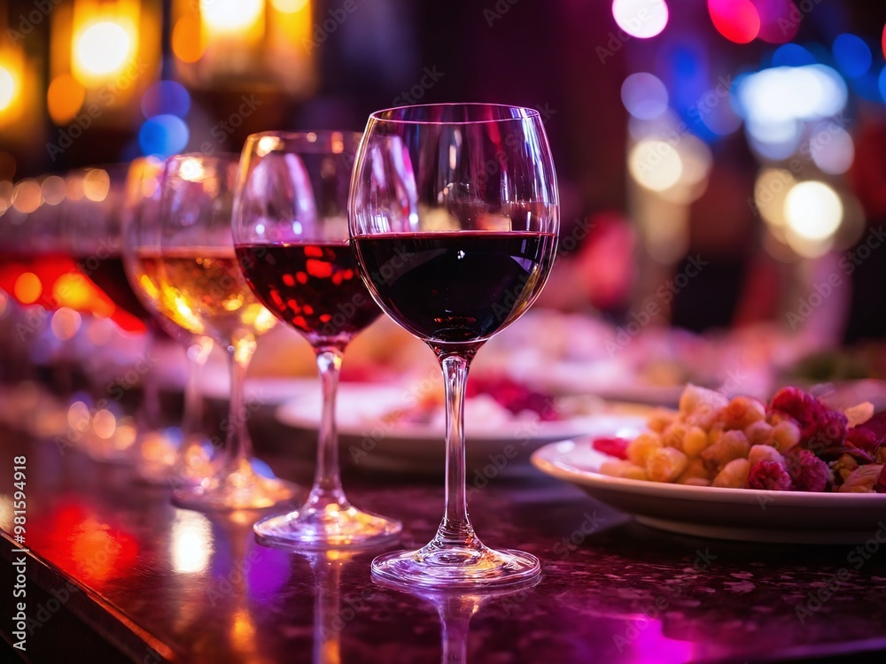 Elegant wine glasses lined up at a vibrant dinner party, showcasing a variety of red, white, and sparkling wines against a colorful backdrop Elegant wine glasses lined up at a vibrant dinner party, showcasing a variety of red, white, and sparkling wines against a colorful backdrop