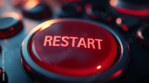 A close-up of a red button labeled 'RESTART' which is illuminated in a soft, dim light setting. This image conveys the concept of starting over or rebooting something.