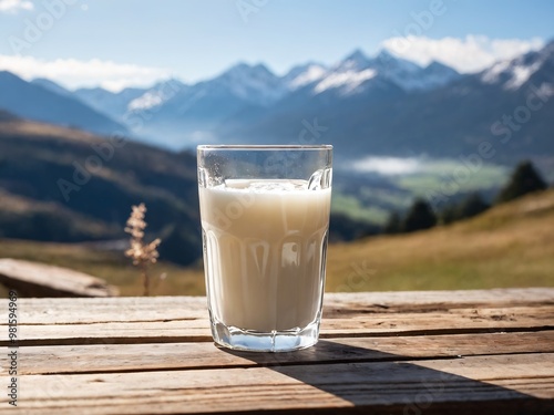 A glass of fresh milk sits on a wooden table with snow-capped mountains and a blue sky in the background during a sunny day