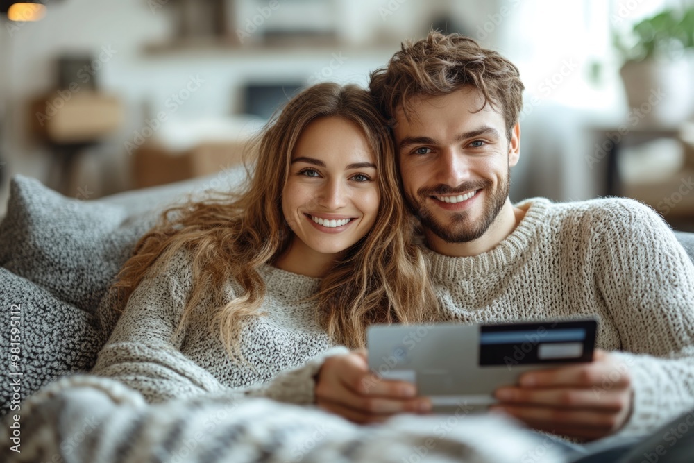 Couple Using Tablet and Credit Card for Fintech Payments at Home, Smiling While Shopping Online Couple Using Tablet and Credit Card for Fintech Payments at Home, Smiling While Shopping Online