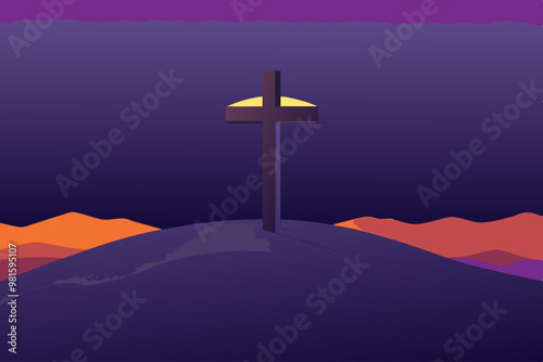 Cruz en la cima de una colina, iluminada por el atardecer con un cielo en tonos púrpura y naranja, evocando sentimientos religiosos y de devoción.