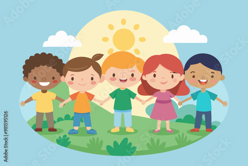 Cinco niños de diferentes etnias tomados de las manos, sonriendo y jugando bajo un sol brillante, simbolizando la unidad y la amistad.