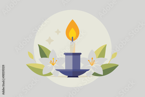  Vela encendida colocada en un candelabro azul, adornada con flores blancas y hojas verdes, sobre fondo claro.