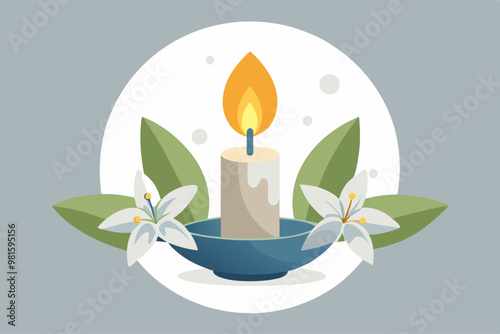 Vela encendida colocada en un cuenco azul, adornada con flores blancas, sobre un fondo circular gris.