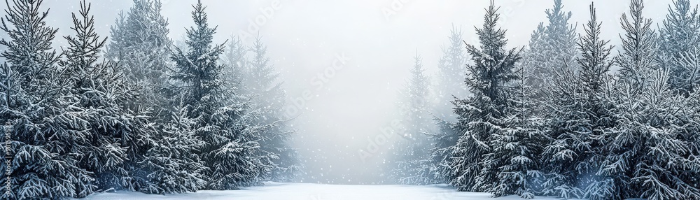 Fototapeta premium A peaceful winter forest scene with tall, snow-dusted evergreens forming a natural frame around a blank white center, perfect for a festive Christmas design with a touch of nature beauty. realistic