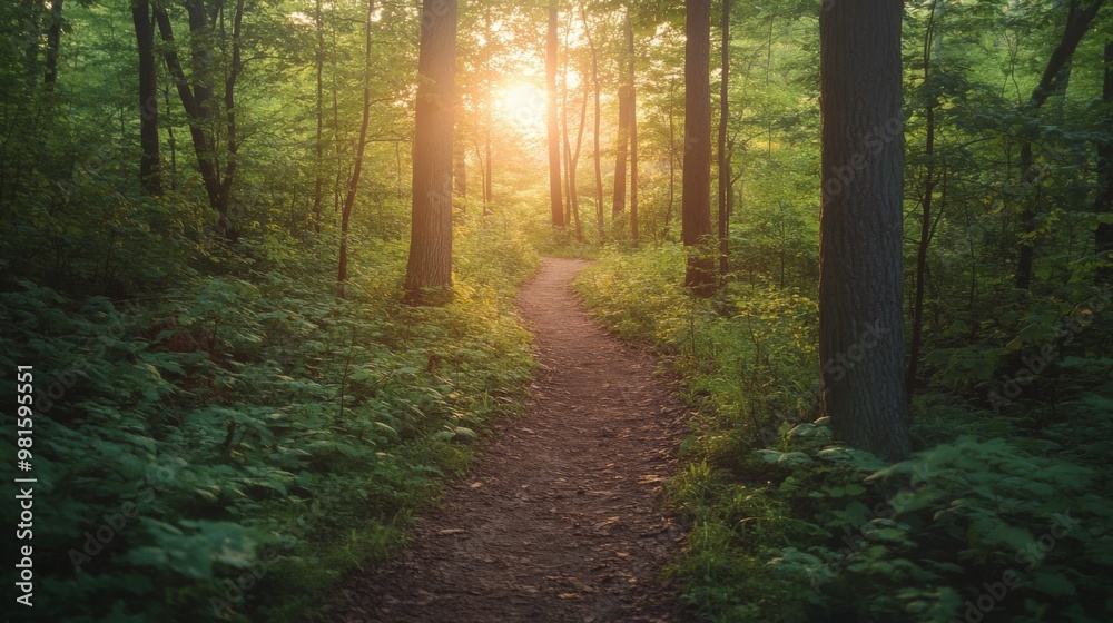 Fototapeta premium An inviting dirt path meanders through a lush, green forest, illuminated by the soft glow of the rising sun, suggesting peace, solitude, and connection with nature.