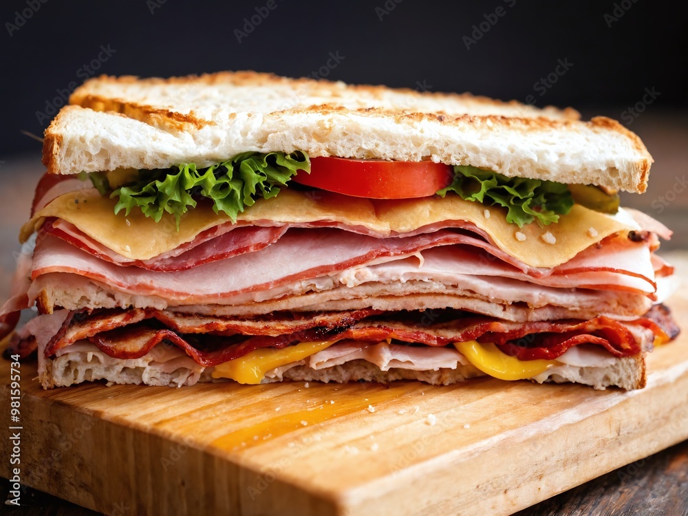A towering deli sandwich layered with meats, cheese, lettuce, and tomato on toasted bread ready to be enjoyed at a casual dining spot A towering deli sandwich layered with meats, cheese, lettuce, and tomato on toasted bread ready to be enjoyed at a casual dining spot