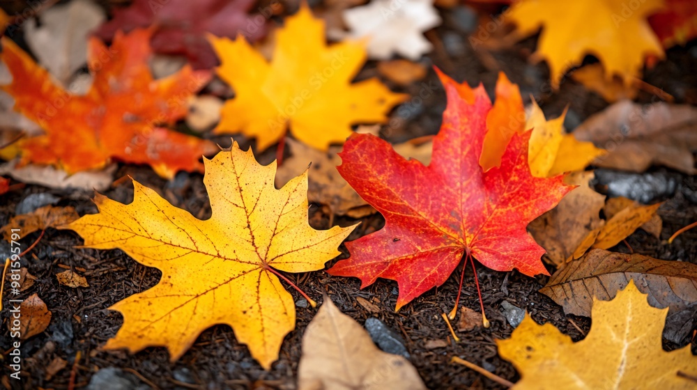 A close-up of colorful autumn leaves on the ground. A close-up of colorful autumn leaves on the ground.