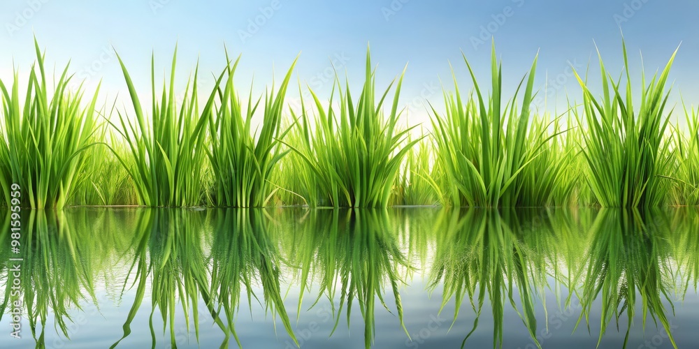Fototapeta premium Green Grass Reflection in Water, 3D Rendering, Grass Reflection, Water Reflection, Green Landscape