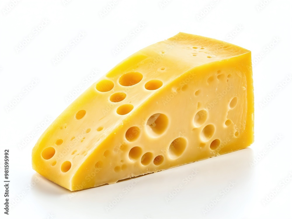 A wedge of Swiss cheese with holes displayed on a white background highlighting its rich color and texture A wedge of Swiss cheese with holes displayed on a white background highlighting its rich color and texture