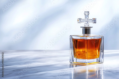 a glass bottle of anointing oil with a cross-shaped stopper, placed on a white marble surface photo