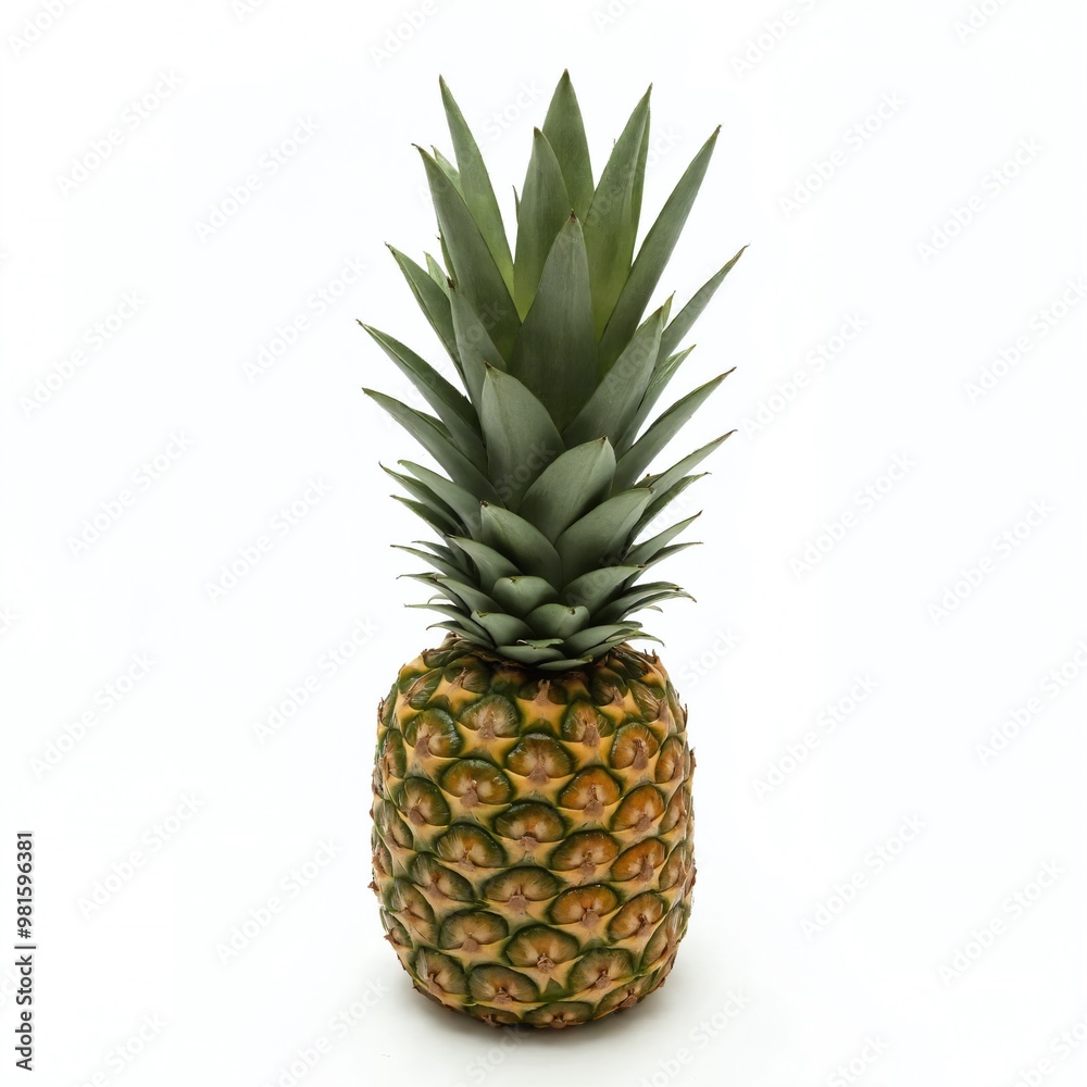 Fresh pineapple standing upright on a plain white background showcasing its vibrant green crown and golden-yellow skin Fresh pineapple standing upright on a plain white background showcasing its vibrant green crown and golden-yellow skin