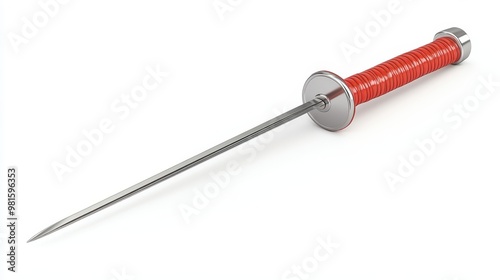 A sharp metal skewer with a red handle, ideal for grilling or cooking. Perfect for food presentation and preparation, white background