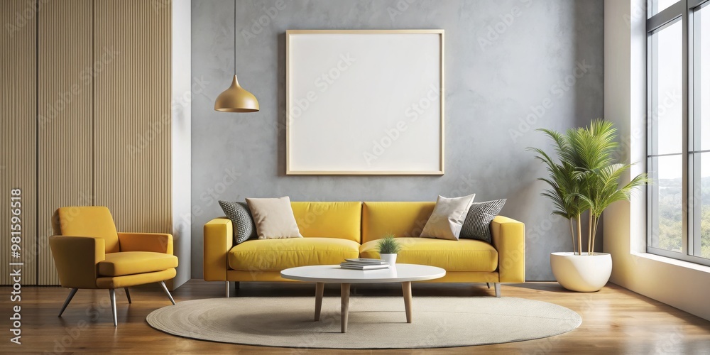 Living Room with Yellow Sofa, White Coffee Table, and Wooden Floor, 3D Render, Interior Design, Minimalist, Home Decor Living Room with Yellow Sofa, White Coffee Table, and Wooden Floor, 3D Render, Interior Design, Minimalist, Home Decor