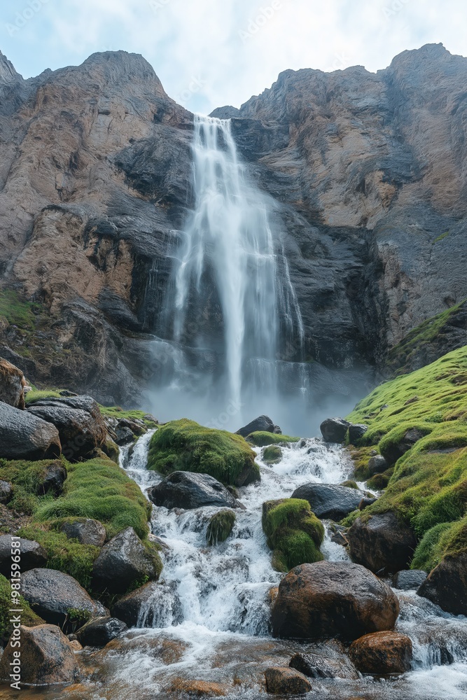 Obraz premium A breathtaking waterfall cascading down rocky cliffs, surrounded by lush greenery in a serene landscape during daylight