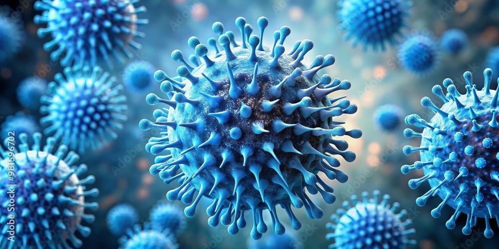 Fototapeta premium Microscopic View of a Virus, 3D Rendering, Blue Virus, Close-up, Microbiology, Virus Structure, Pandemic