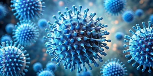 Microscopic View of a Virus, 3D Rendering, Blue Virus, Close-up, Microbiology, Virus Structure, Pandemic